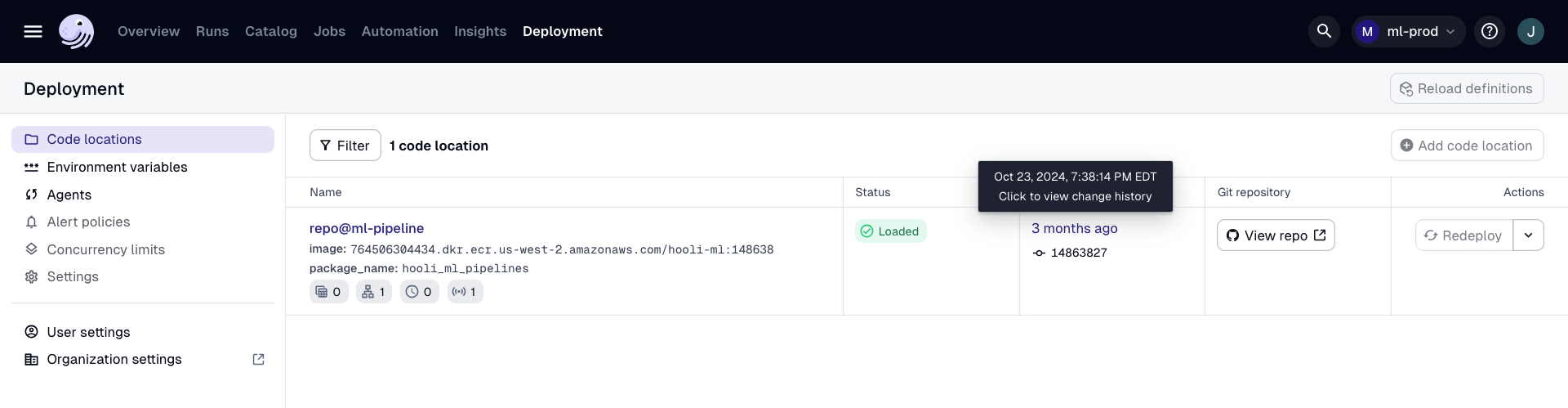 Screenshot highlighting the "Updated" column for a code location